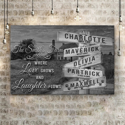 Where Love Grows And Laughter Flows Family Names Sign canvas art with wood and warm bulbs on Tampa Home & Garden Store