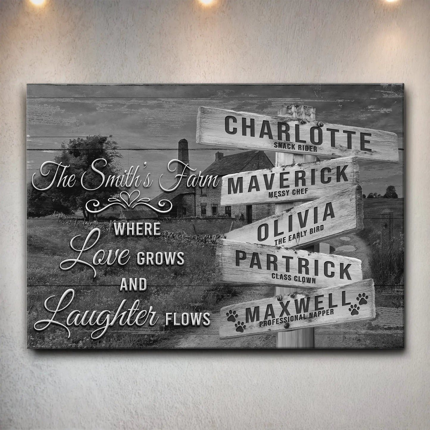 Canvas family names sign Where Love Grows And Laughter Flows in gray by Tailored Canvases on Tampa Home & Garden Store