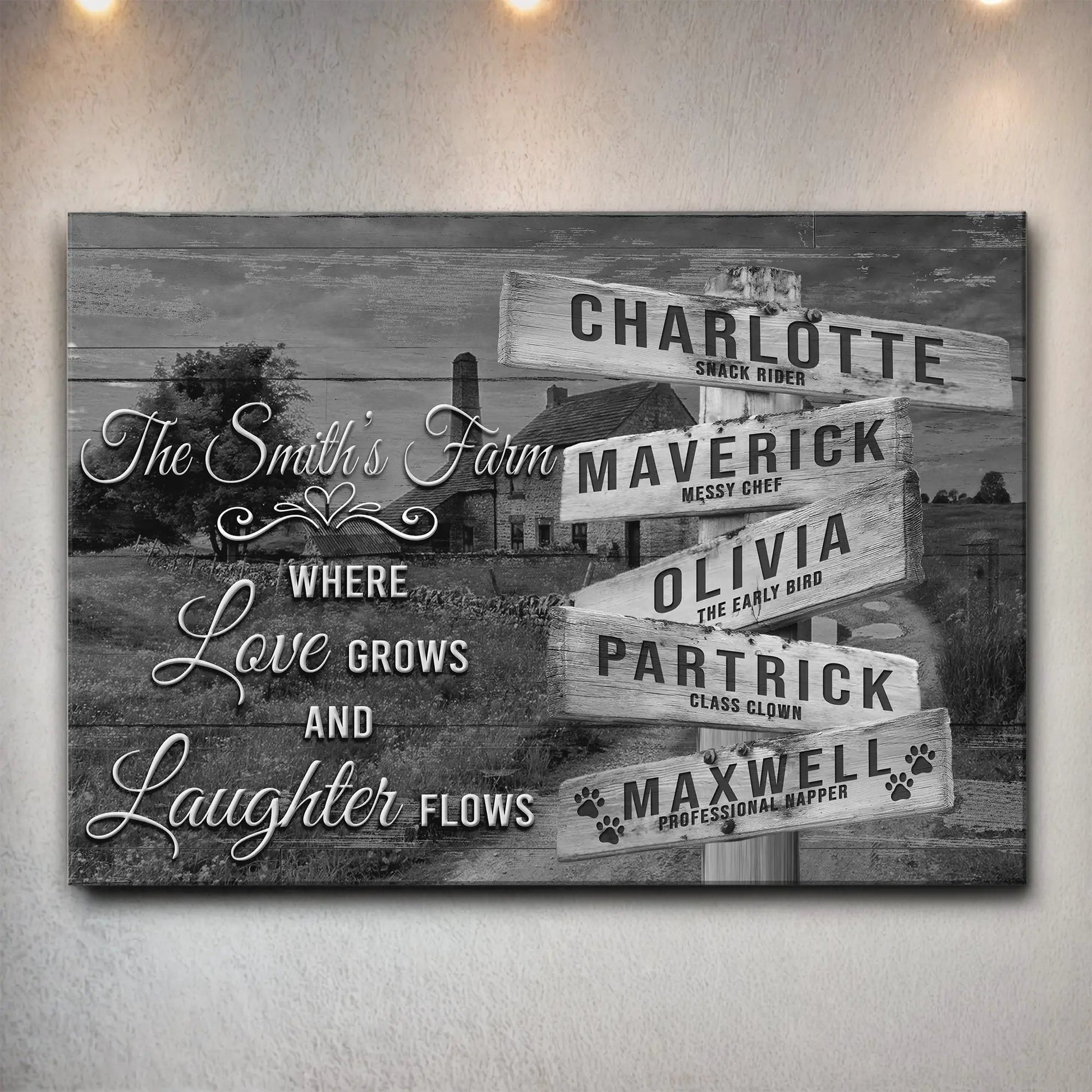 Canvas family names sign Where Love Grows And Laughter Flows in gray by Tailored Canvases on Tampa Home & Garden Store