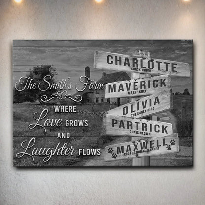 Canvas family names sign Where Love Grows And Laughter Flows in gray by Tailored Canvases on Tampa Home & Garden Store