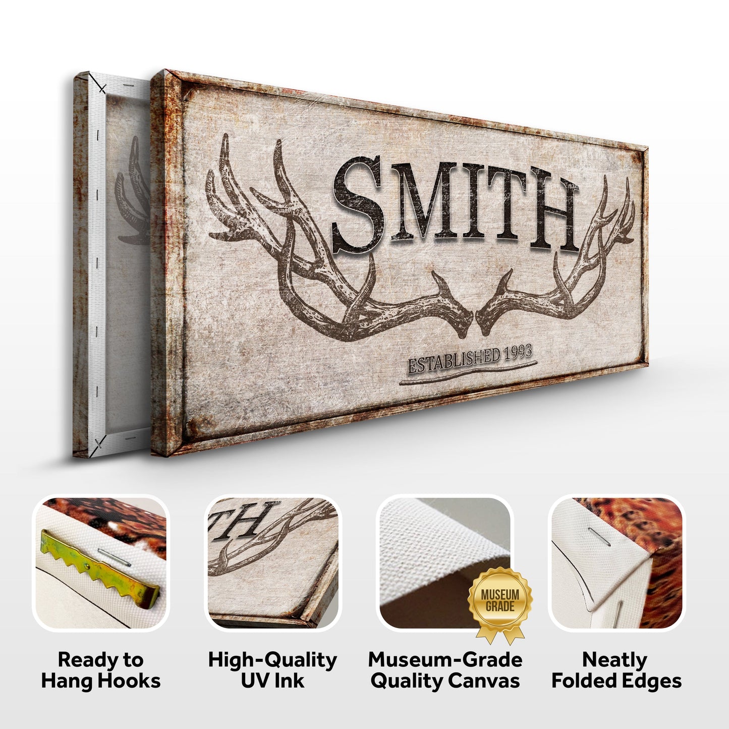 Personalized Family Antler Sign Canvas by Tailored Canvases, rustic distressed wood look on Tampa Home & Garden Store