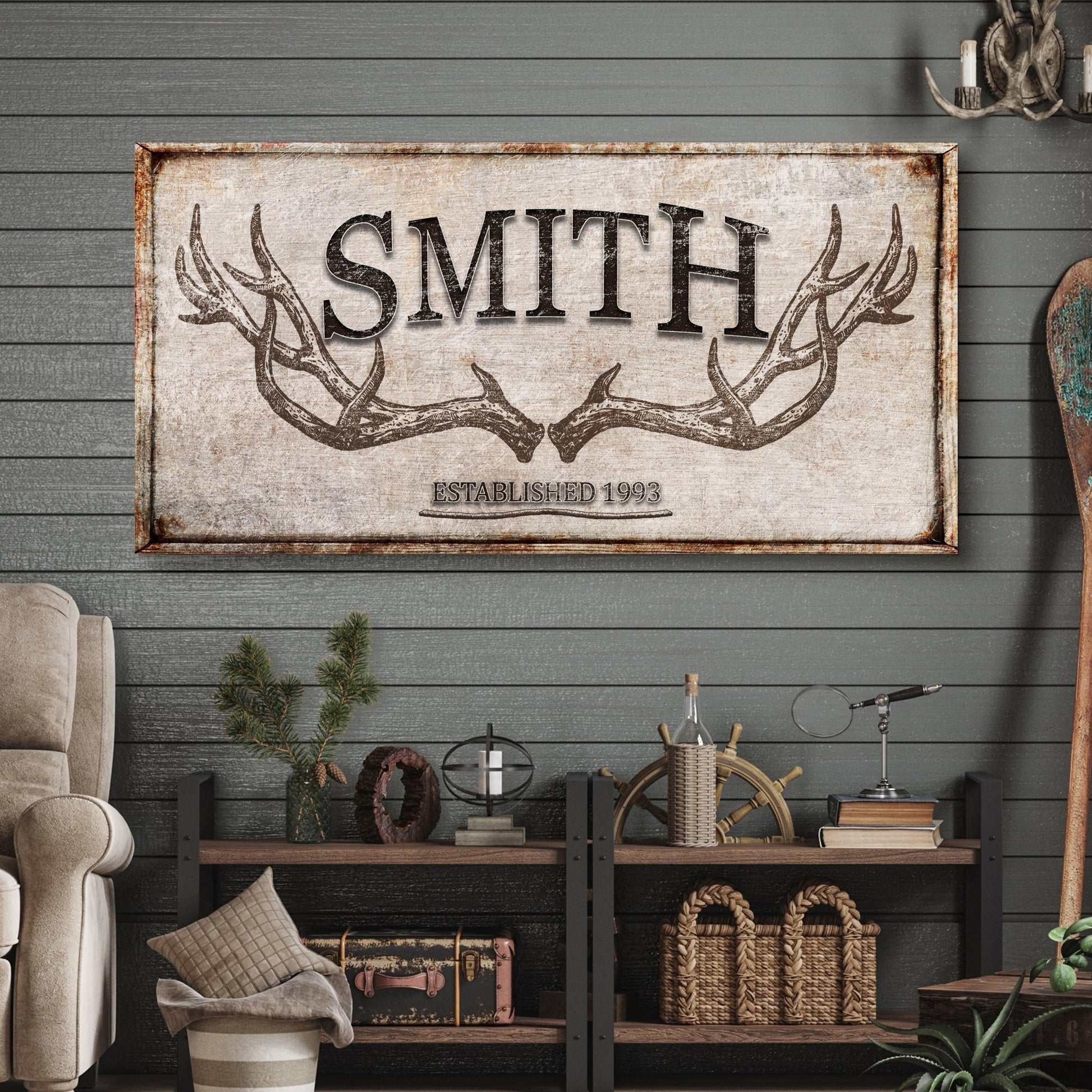 Canvas personalized family sign with SMITH name and antler motif Tailored Canvases on Tampa Home & Garden Store