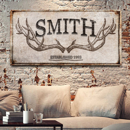 Personalized family antler sign canvas by Tailored Canvases with rustic wood background on Tampa Home & Garden Store
