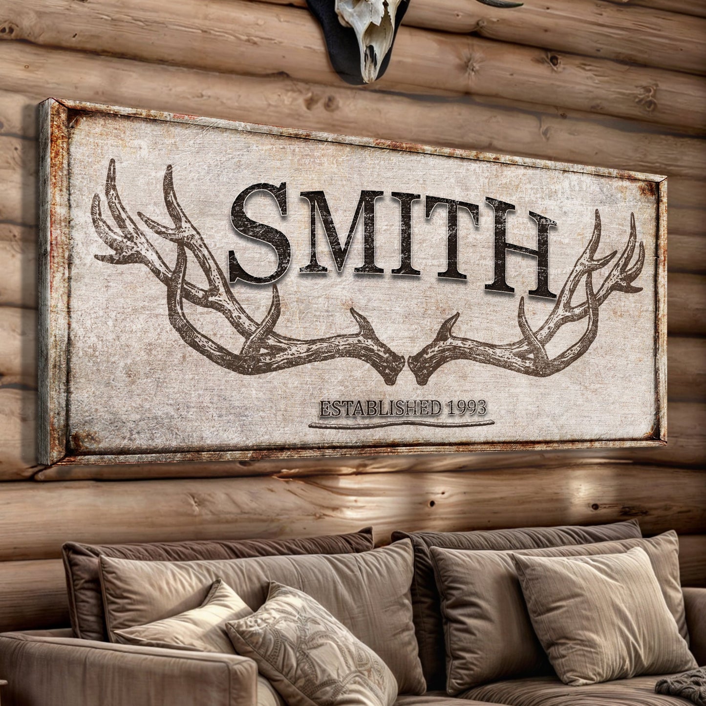 Personalized Family Antler Sign Canvas by Tailored Canvases, rustic distressed print on Tampa Home & Garden Store