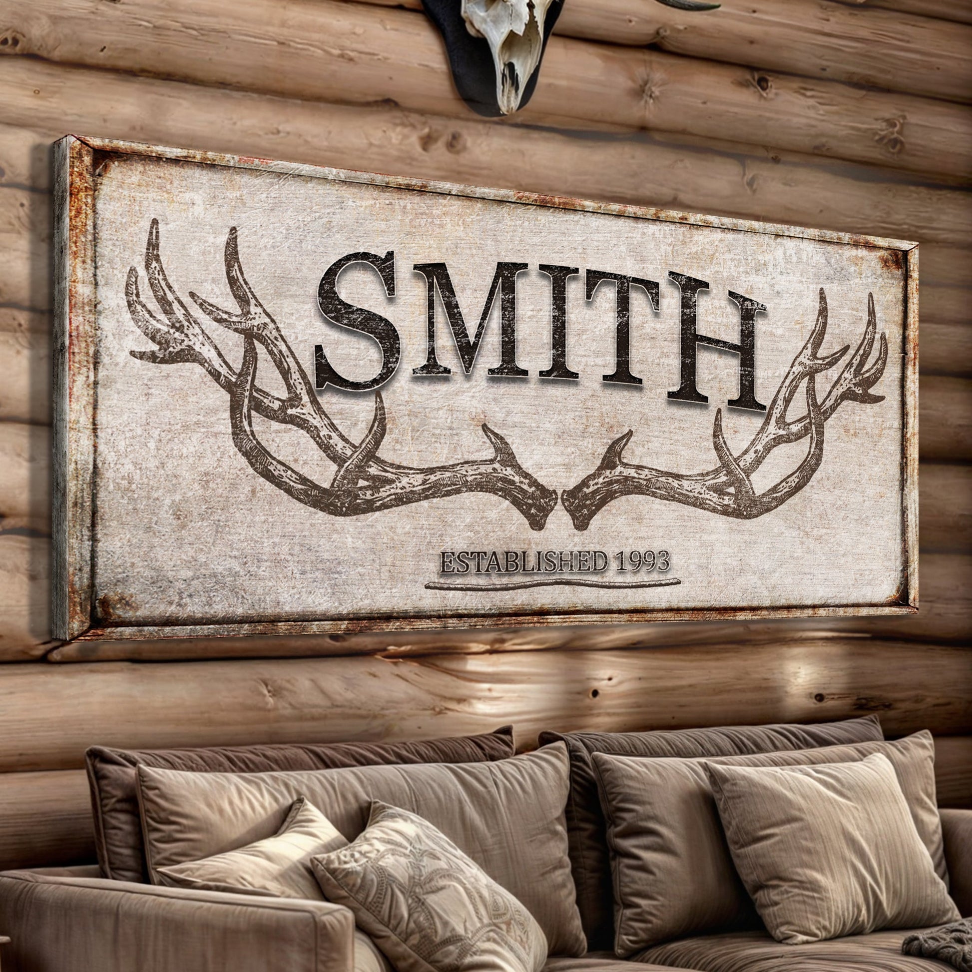 Personalized Family Antler Sign Canvas by Tailored Canvases, rustic distressed print on Tampa Home & Garden Store