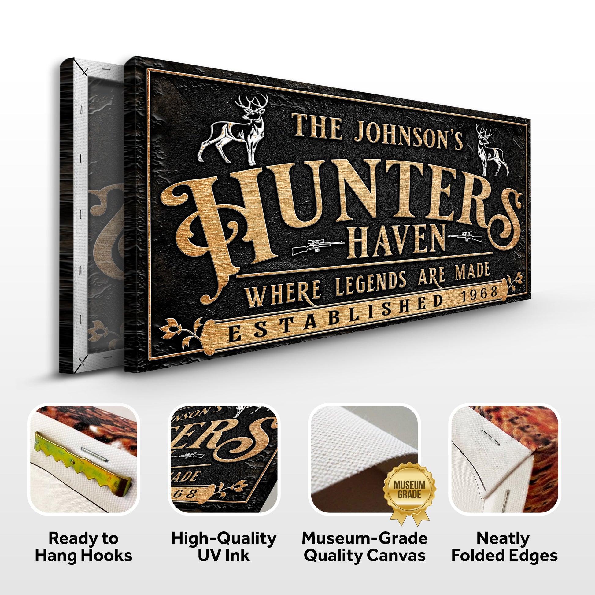 Hunters Haven Family Sign II canvas by Tailored Canvases black background gold lettering on Tampa Home & Garden Store