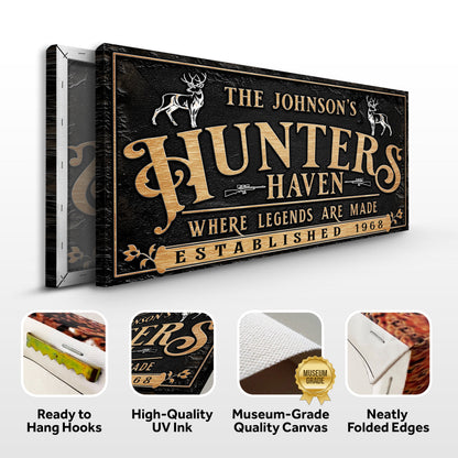 Hunters Haven Family Sign II canvas by Tailored Canvases black background gold lettering on Tampa Home & Garden Store
