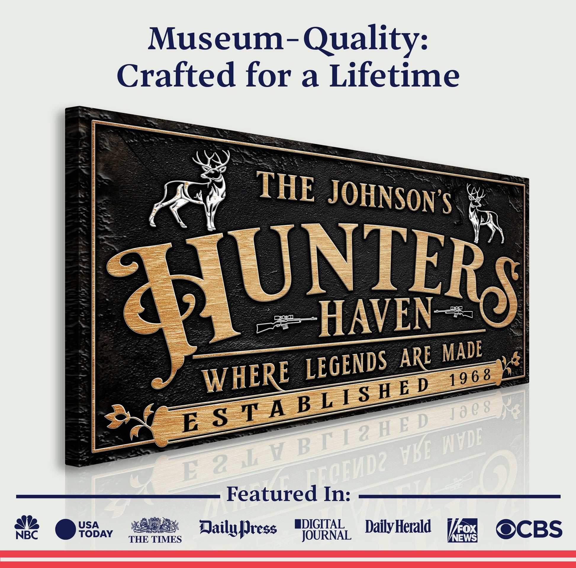 Personalized Hunters Haven Family Sign II canvas with black textured background and copper-gold lettering and deer motifs on Tampa Home & Garden Store