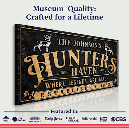Personalized Hunters Haven Family Sign II canvas with black textured background and copper-gold lettering and deer motifs on Tampa Home & Garden Store