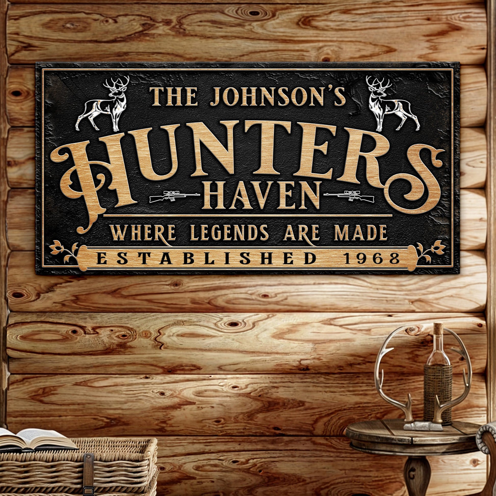 Personalized Hunters Haven Family Sign II canvas by Tailored Canvases with gold lettering on Tampa Home & Garden Store