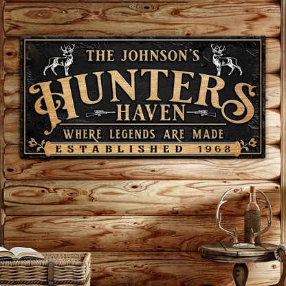 Personalized Hunters Haven Family Sign II canvas by Tailored Canvases with gold lettering on Tampa Home & Garden Store