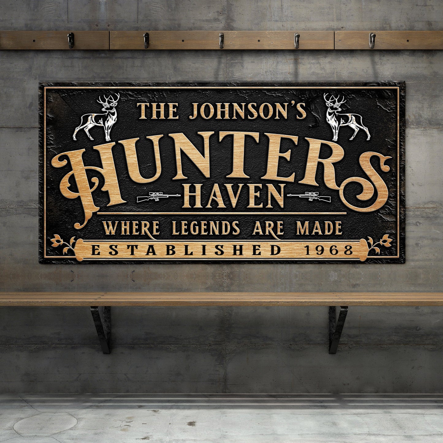 Personalized Hunters Haven Family Sign II canvas with gold lettering and deer accents on Tampa Home & Garden Store