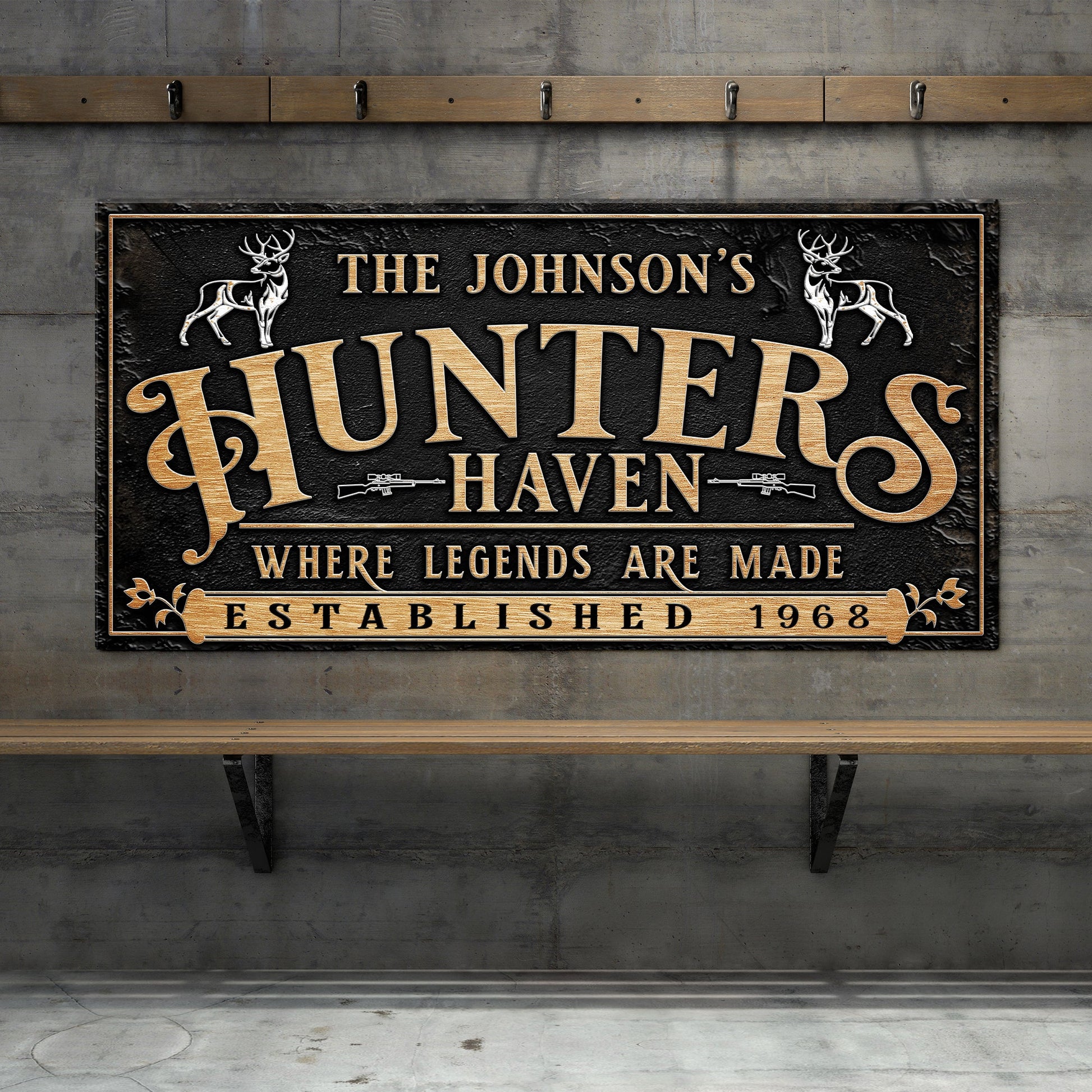 Personalized Hunters Haven Family Sign II canvas with gold lettering and deer accents on Tampa Home & Garden Store