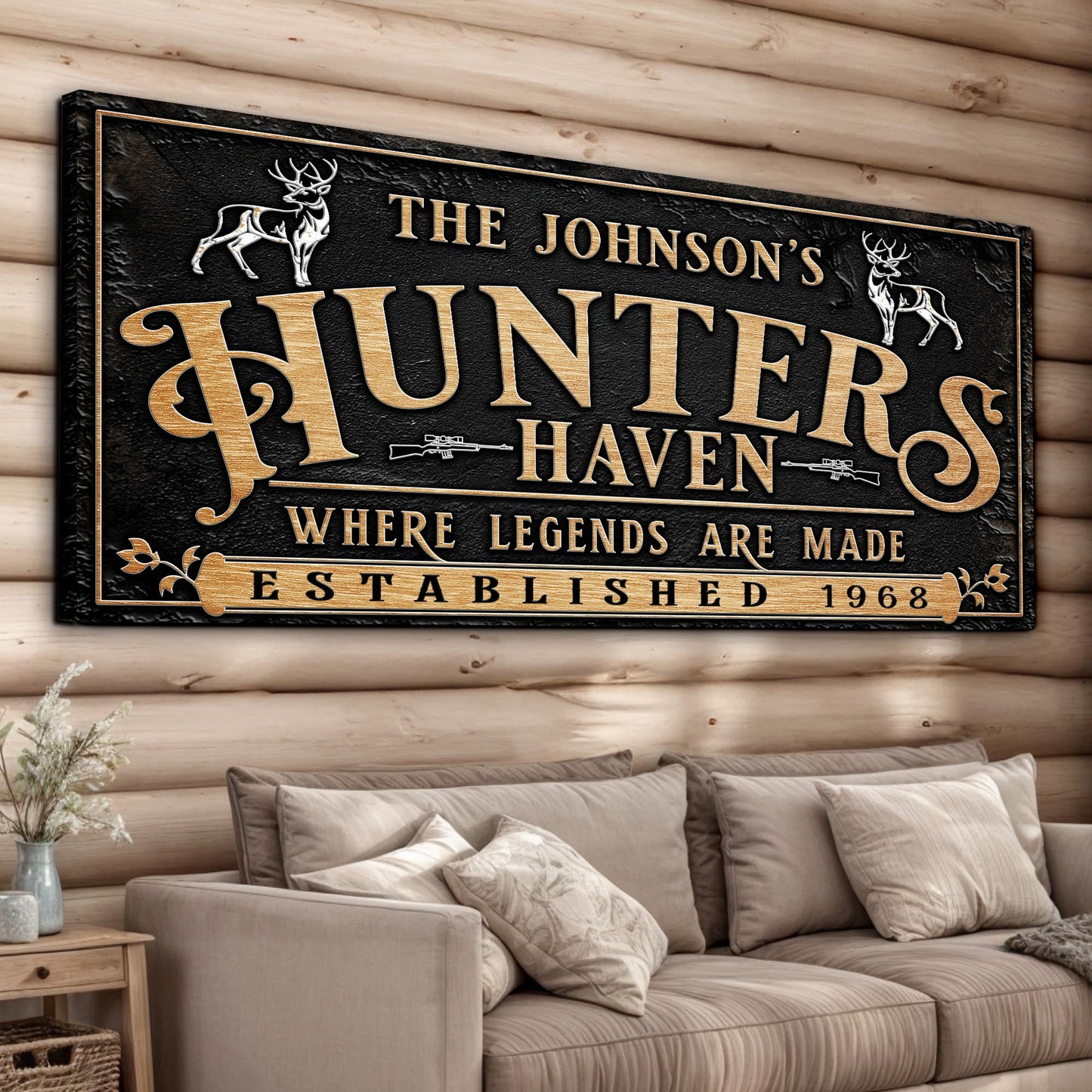 Hunters Haven Family Sign II canvas by Tailored Canvases with black surface and gold lettering on Tampa Home & Garden Store