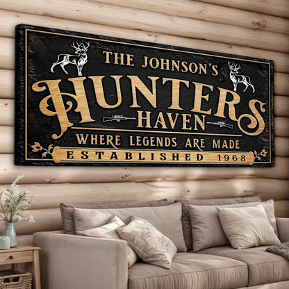 Hunters Haven Family Sign II canvas by Tailored Canvases with black surface and gold lettering on Tampa Home & Garden Store