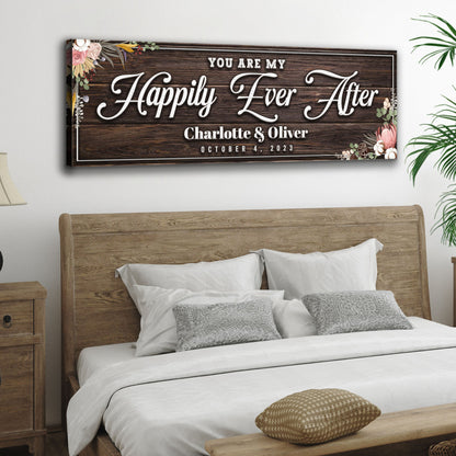 Happily Ever After sign canvas with dark woodgrain and floral corners Charlotte & Oliver on Tampa Home & Garden Store