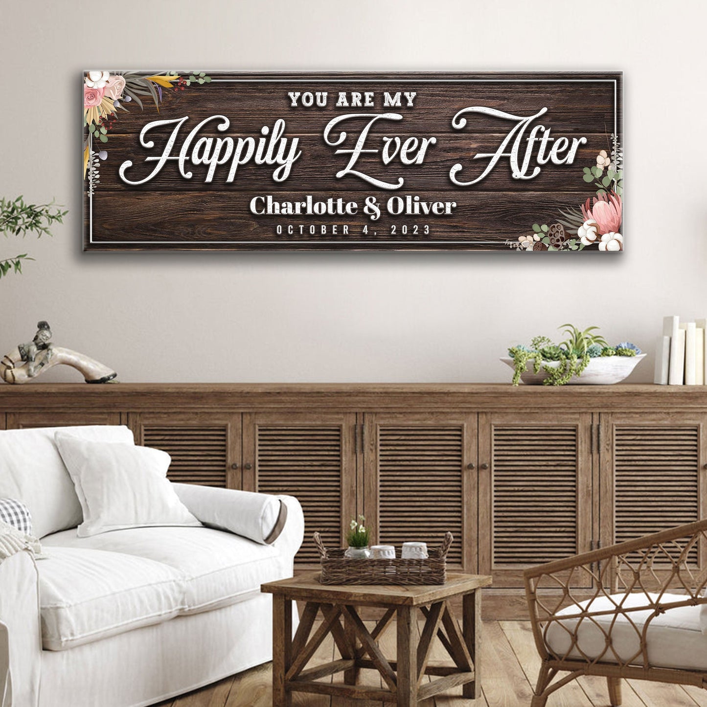 Personalized Happily Ever After couple sign canvas with dark wood and floral corner accents on Tampa Home & Garden Store