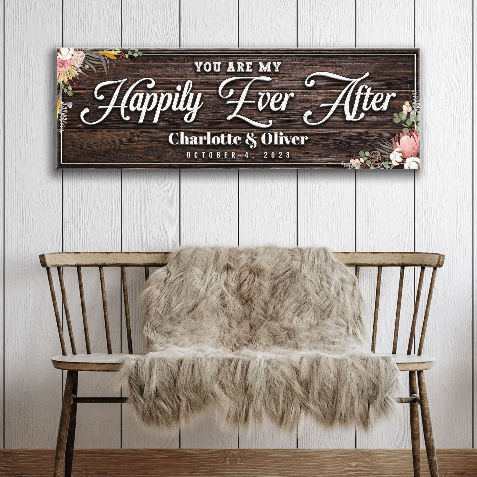 Canvas sign Happily Ever After with Charlotte & Oliver wood grain floral corners on Tampa Home & Garden Store