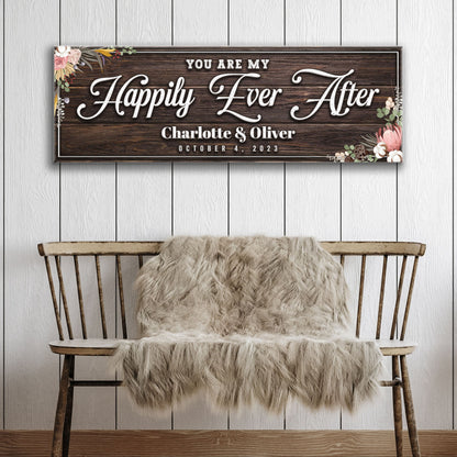 Canvas sign Happily Ever After with Charlotte & Oliver wood grain floral corners on Tampa Home & Garden Store