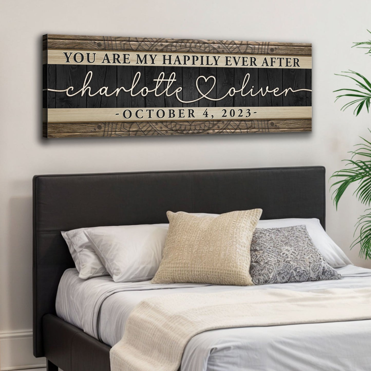 Personalized Happily Ever After Couple Sign V canvas with wood backdrop Charlotte Oliver on Tampa Home & Garden Store