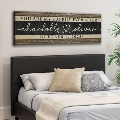 Personalized Happily Ever After Couple Sign V canvas with wood backdrop Charlotte Oliver on Tampa Home & Garden Store