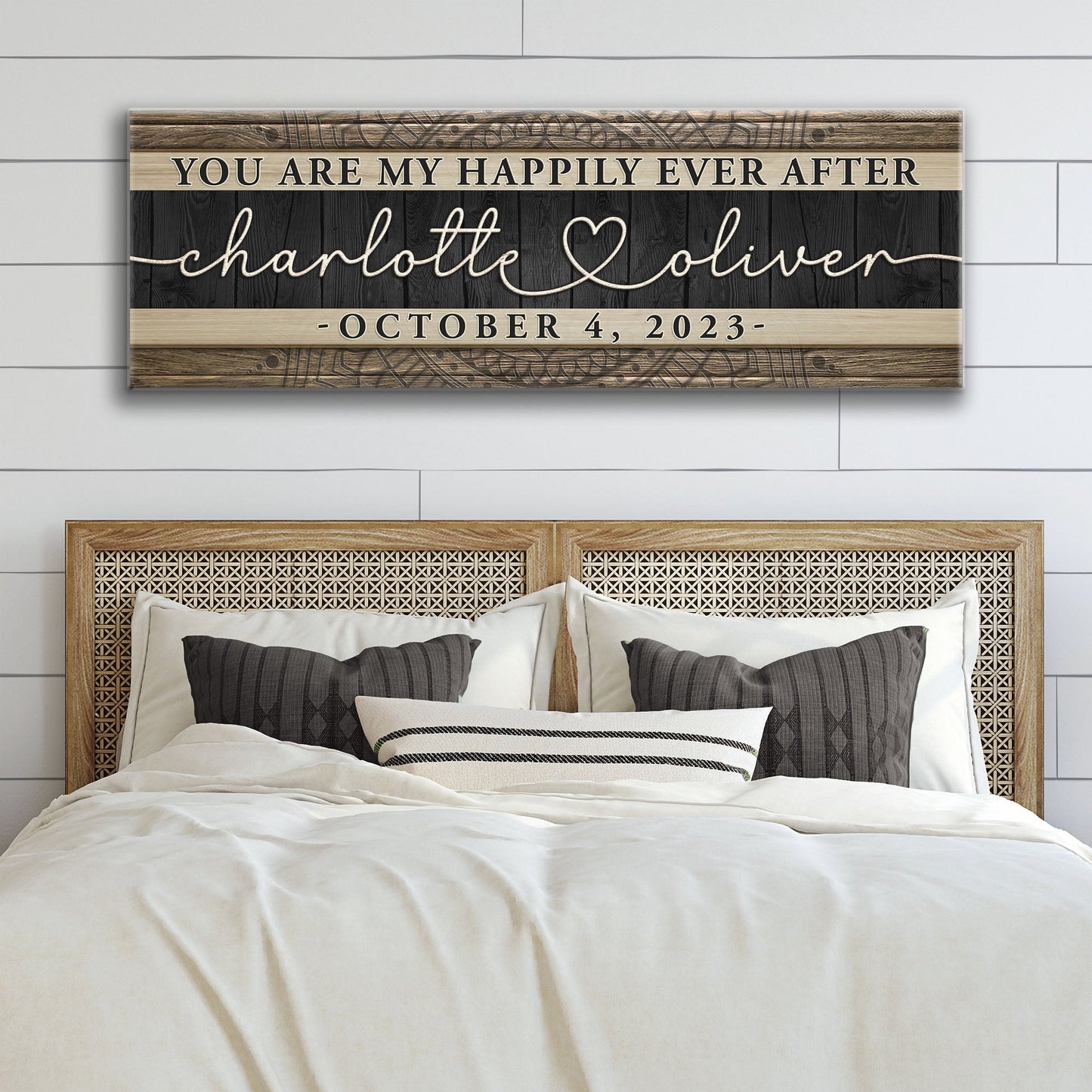 Personalized Happily Ever After canvas sign with rope names Charlotte & Oliver on wood on Tampa Home & Garden Store