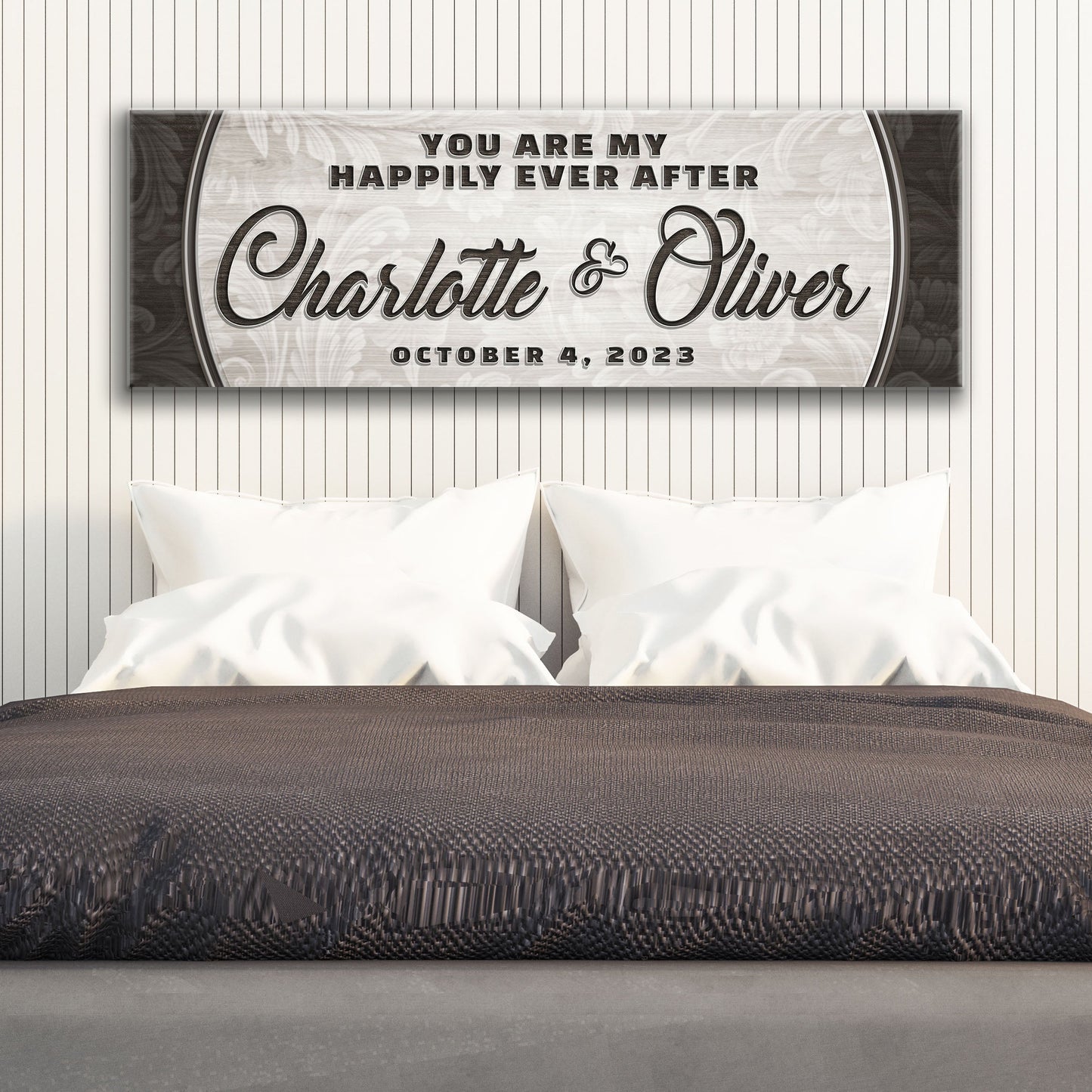 Personalized Happily Ever After Couple Sign III canvas with gray panel Tailored Canvases on Tampa Home & Garden Store