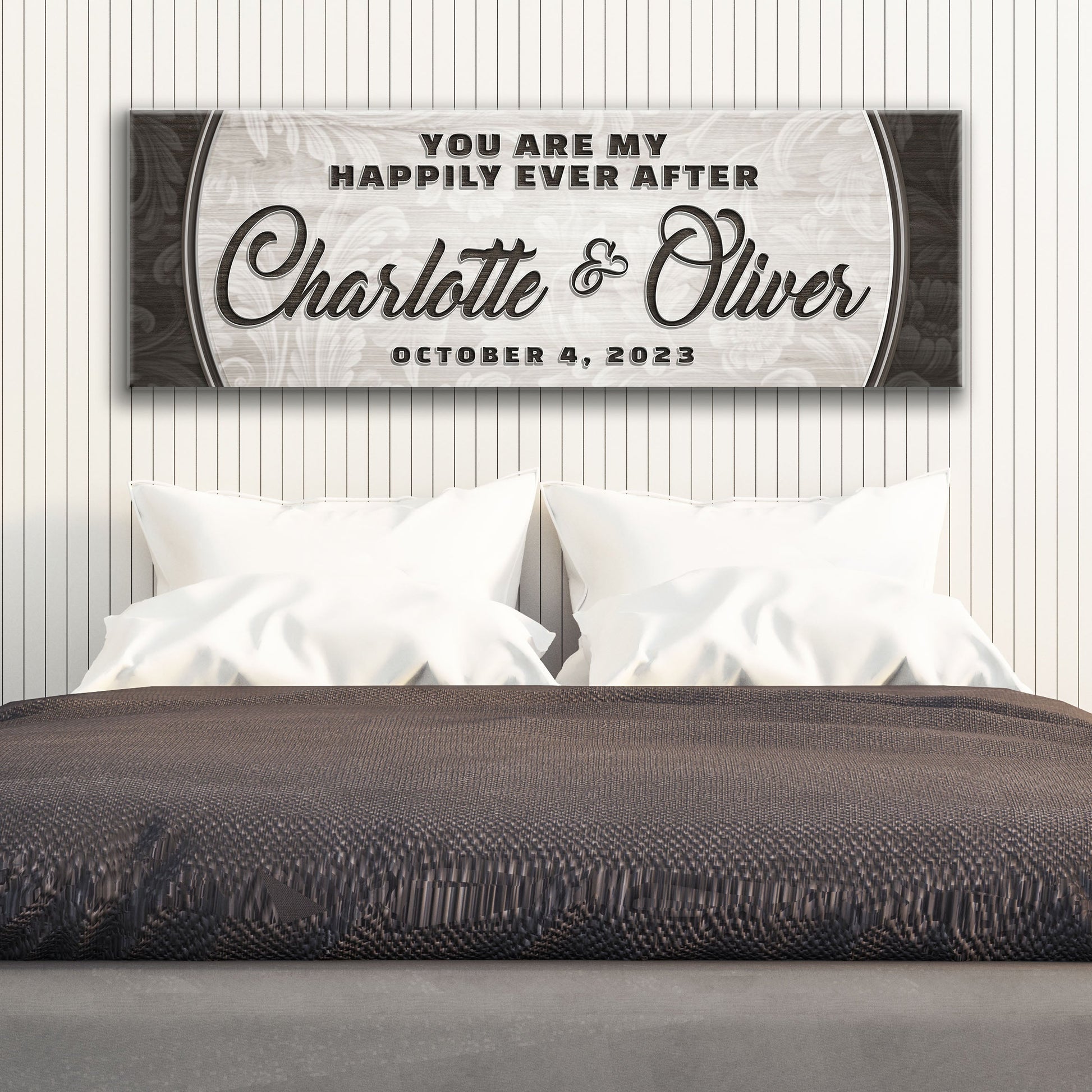 Personalized Happily Ever After Couple Sign III canvas with gray panel Tailored Canvases on Tampa Home & Garden Store