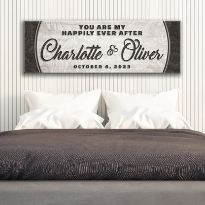 Personalized Happily Ever After Couple Sign III canvas with gray panel Tailored Canvases on Tampa Home & Garden Store