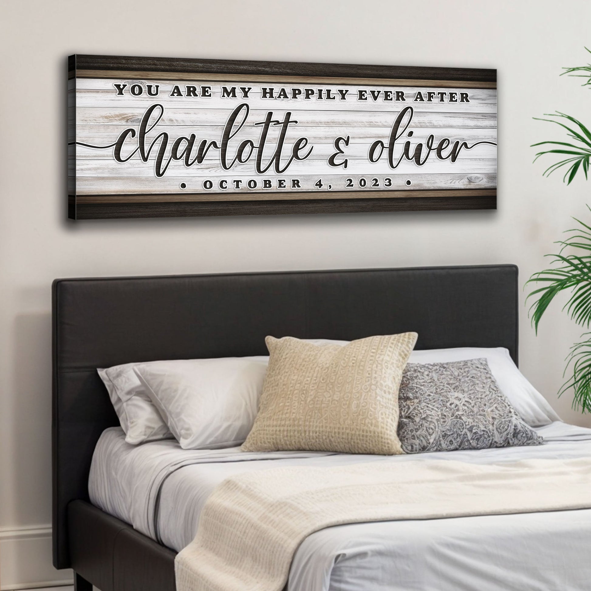 Personalized Happily Ever After couple sign canvas with rustic wood backdrop Tailored Canvases on Tampa Home & Garden Store