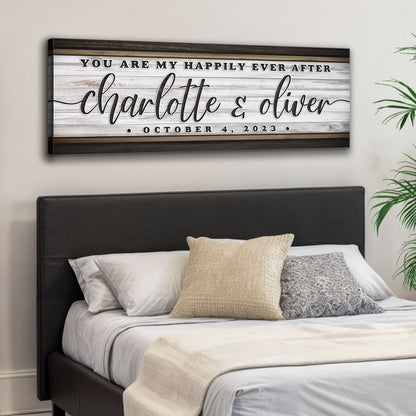 Personalized Happily Ever After couple sign canvas with rustic wood backdrop Tailored Canvases on Tampa Home & Garden Store