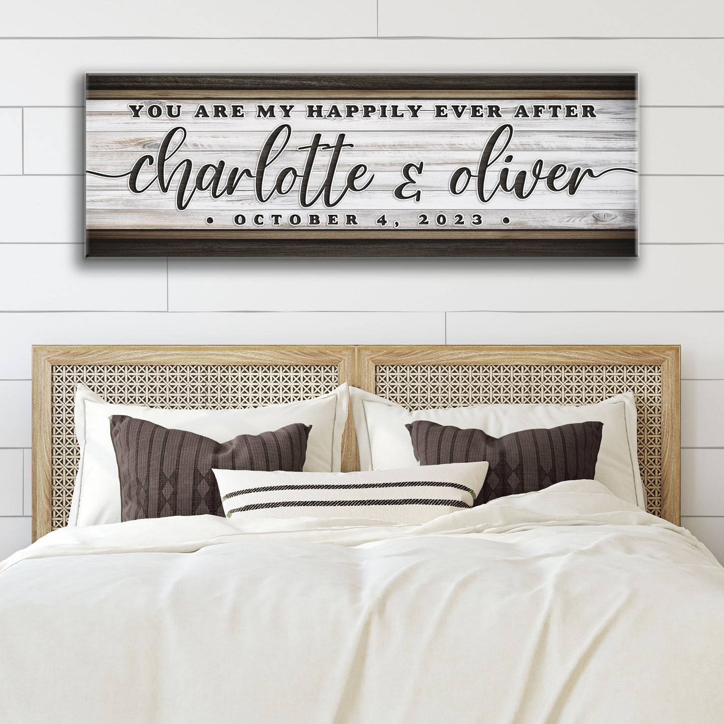 Personalized canvas sign You Are My Happily Ever After Charlotte & Oliver on rustic wood on Tampa Home & Garden Store