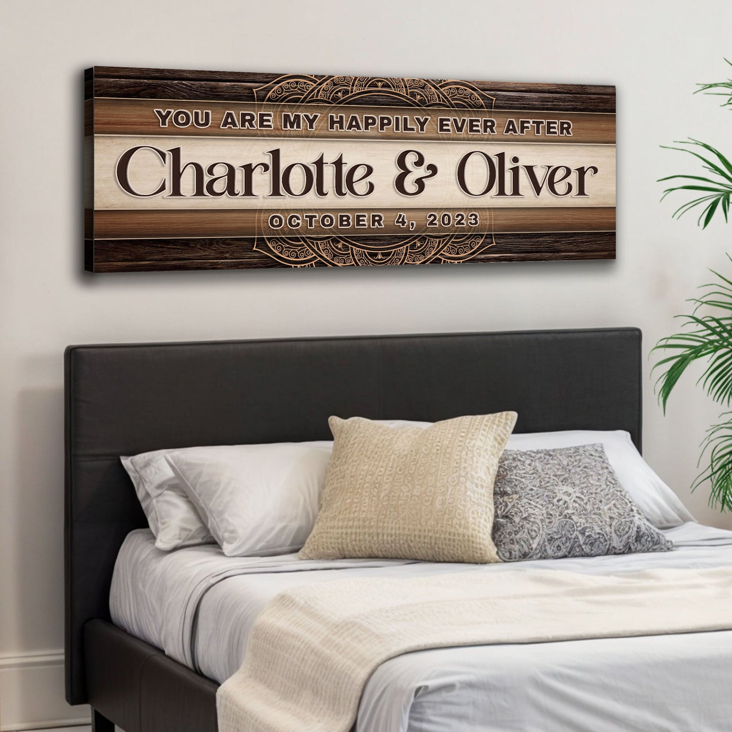 Happily Ever After Couple Sign IV canvas with Charlotte & Oliver Oct 4, 2023 wood backdrop on Tampa Home & Garden Store