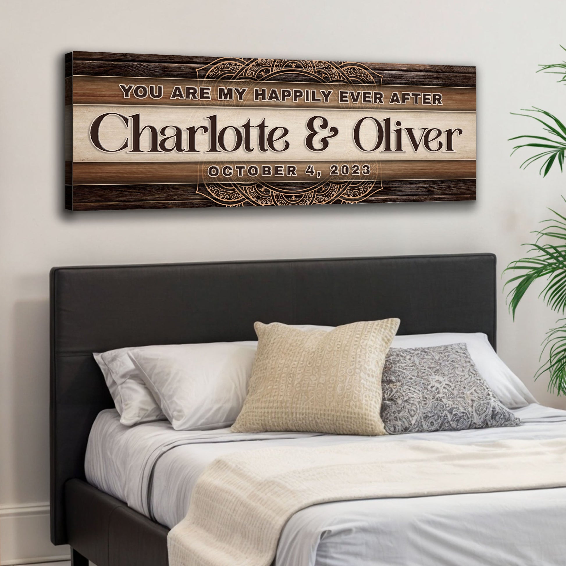 Happily Ever After Couple Sign IV canvas with Charlotte & Oliver Oct 4, 2023 wood backdrop on Tampa Home & Garden Store