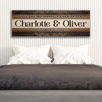 Happily Ever After Couple Sign IV canvas with Charlotte & Oliver on wood backdrop on Tampa Home & Garden Store