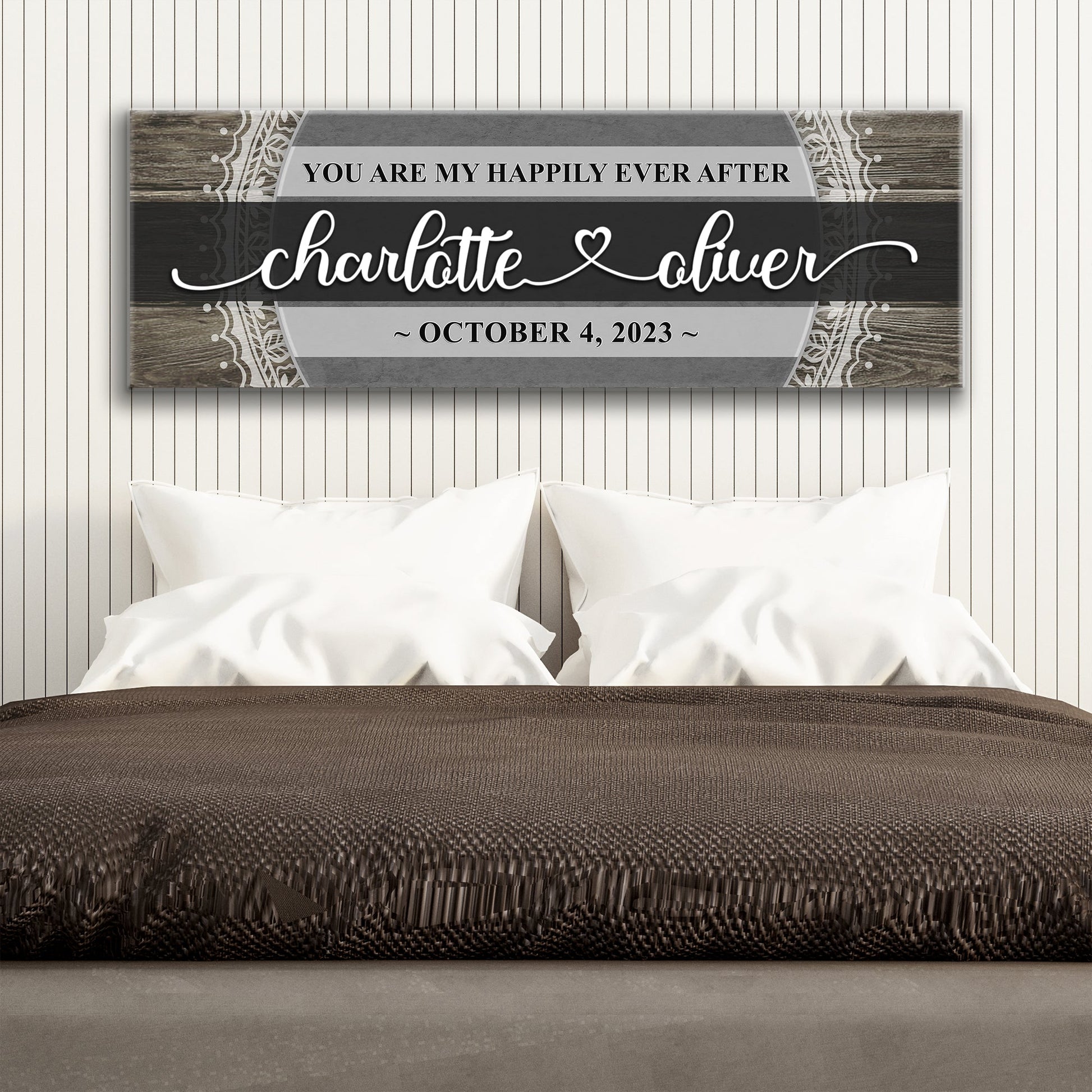 Tailored Canvases Happily Ever After couple sign VI canvas with gray black wood motif on Tampa Home & Garden Store