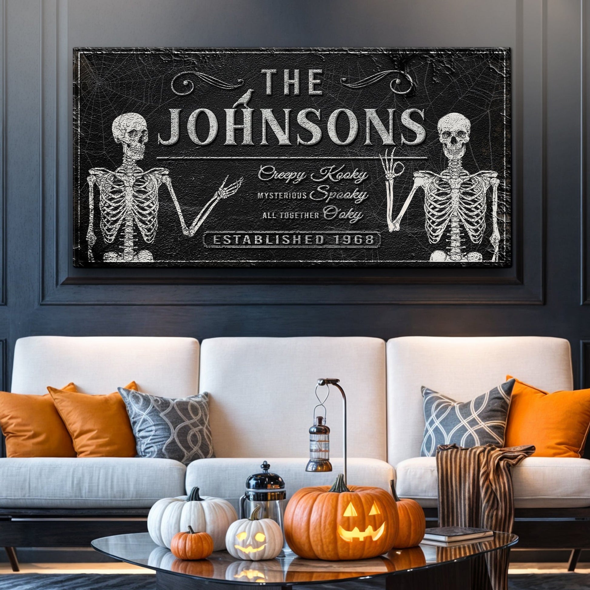 Canvas Gothic Family Sign V by Tailored Canvases; black textured surface with white skeletons on Tampa Home & Garden Store