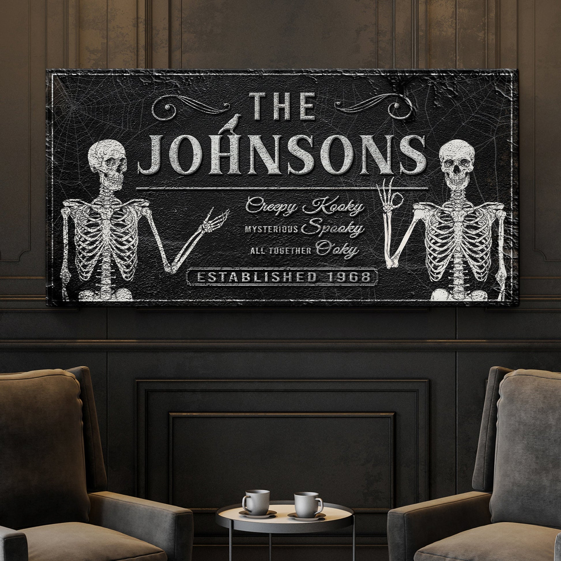 Gothic Family Sign V canvas with black textured background and skeletal art by Tailored Canvases on Tampa Home & Garden Store