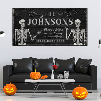 Gothic Family Sign V canvas by Tailored Canvases; skeletal figures on black textured canvas on Tampa Home & Garden Store