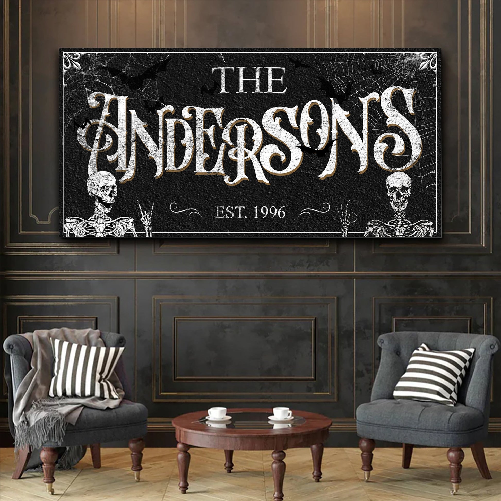 Gothic Sign V canvas by Tailored Canvases on black surface with white text and skulls on Tampa Home & Garden Store