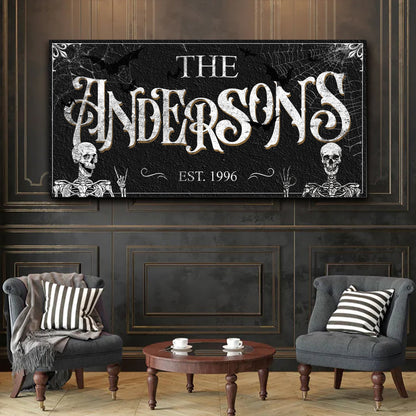 Gothic Sign V canvas by Tailored Canvases on black surface with white text and skulls on Tampa Home & Garden Store