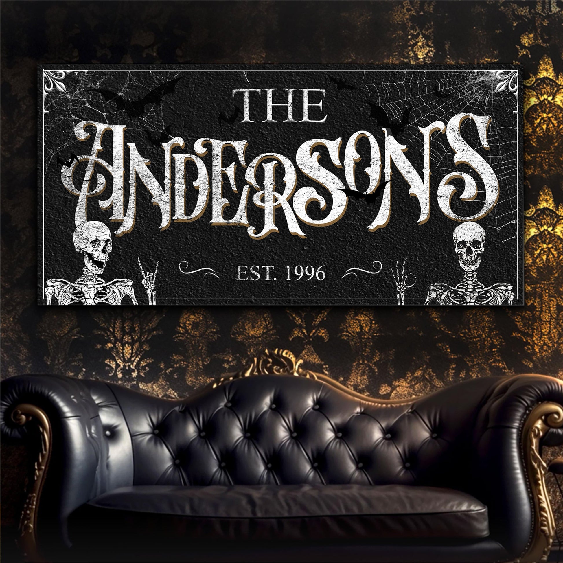 Personalized Gothic Sign V canvas from Tailored Canvases with skulls and cobwebs on Tampa Home & Garden Store