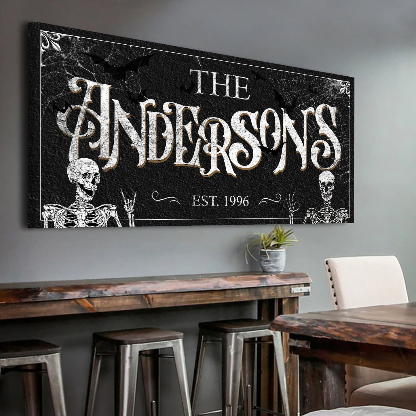 Gothic Sign V canvas by Tailored Canvases; black background with white typography and skulls on Tampa Home & Garden Store