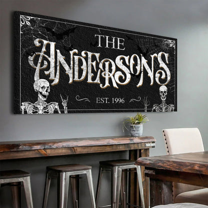 Gothic Sign V canvas by Tailored Canvases; black background with white typography and skulls on Tampa Home & Garden Store