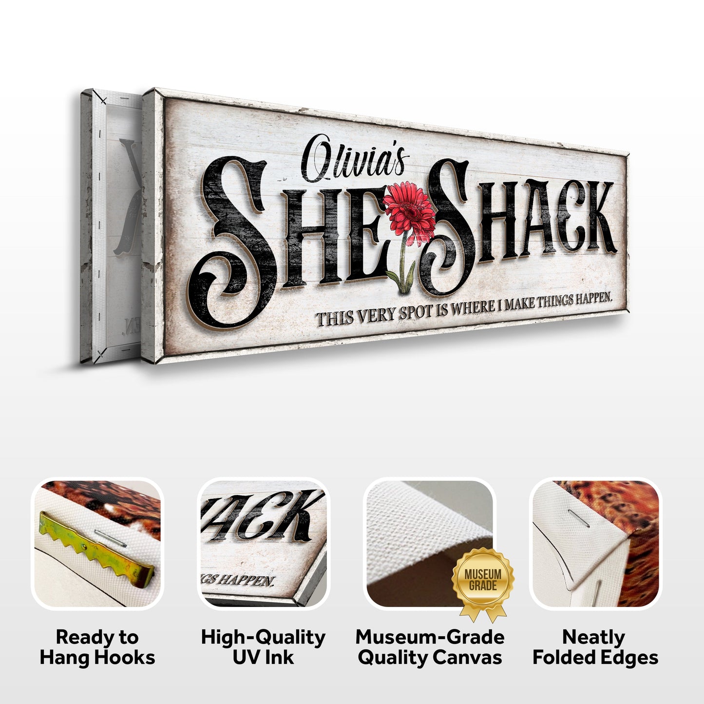 Tailored Canvases canvas sign personalized She Shed with Olivia's, red flower on rustic wood on Tampa Home & Garden Store