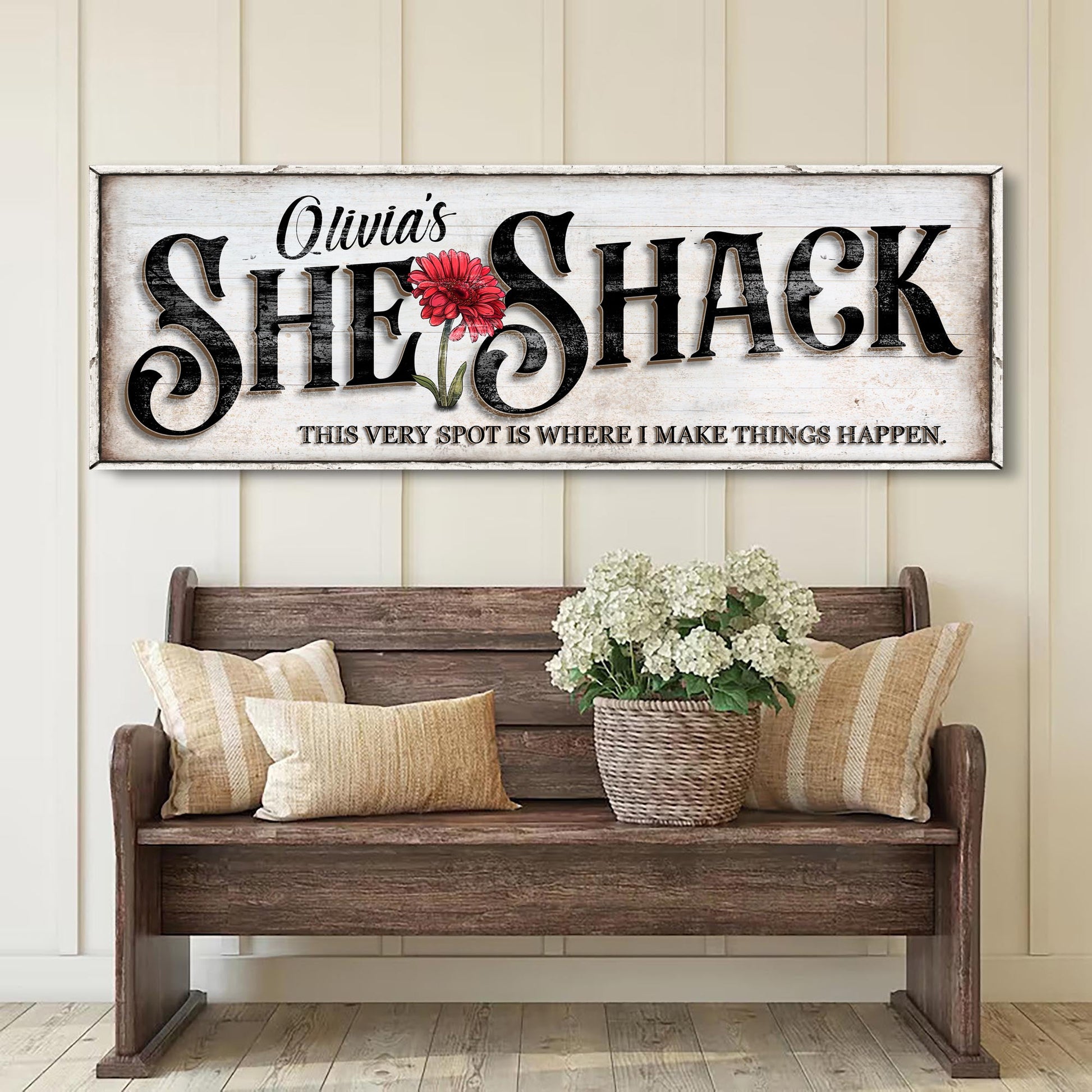 Personalized She Shed Sign XVI canvas Tailored Canvases with red flower and SHACK lettering on Tampa Home & Garden Store