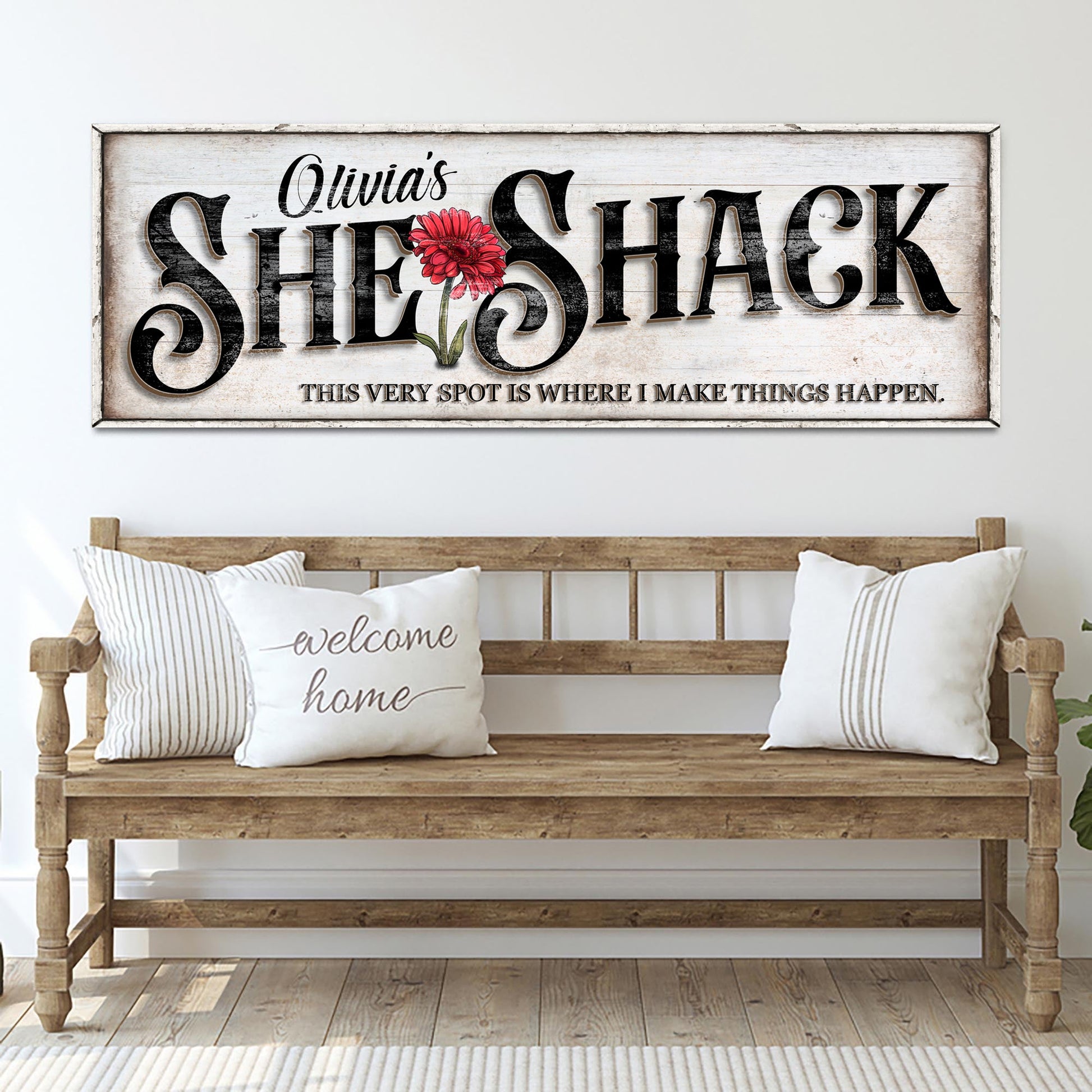 Personalized She Shed Sign canvas with red flower, Tailored Canvases crafting canvas on Tampa Home & Garden Store