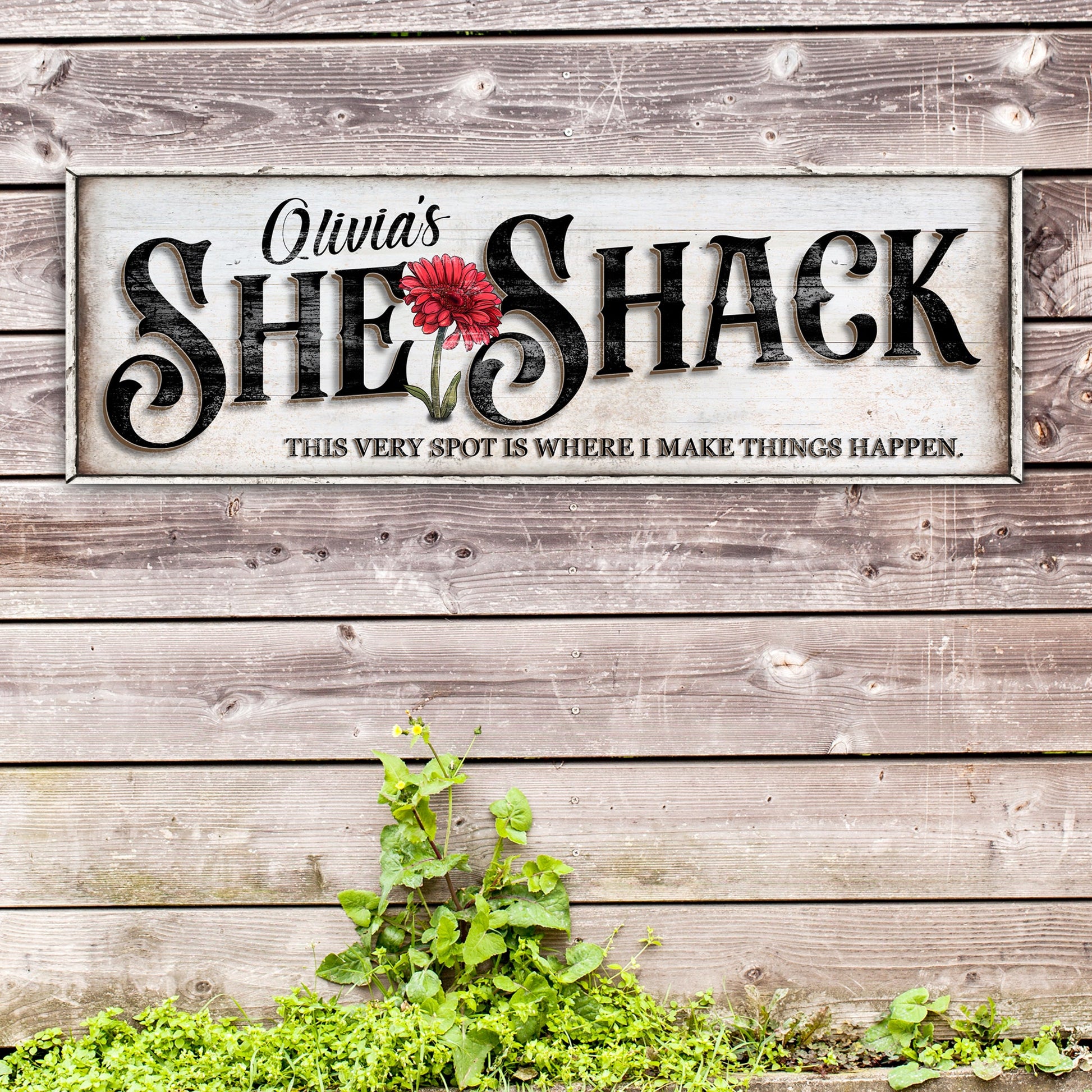 Personalized canvas sign Olivia's with red flower and SHACK lettering on Tampa Home & Garden Store
