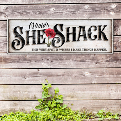 Personalized canvas sign Olivia's with red flower and SHACK lettering on Tampa Home & Garden Store