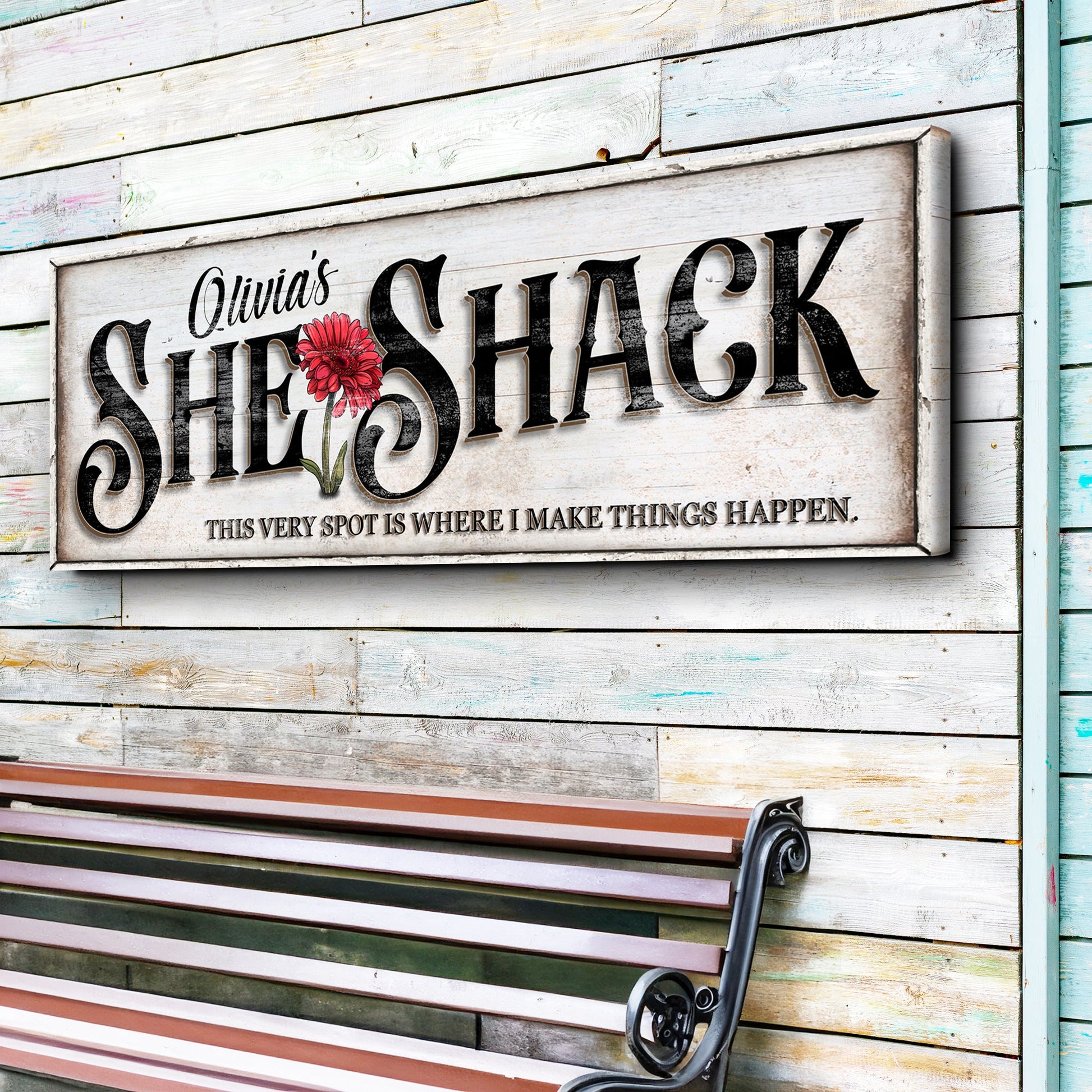 Personalized She Shed Sign XVI canvas by Tailored Canvases with red flower on faded wood on Tampa Home & Garden Store